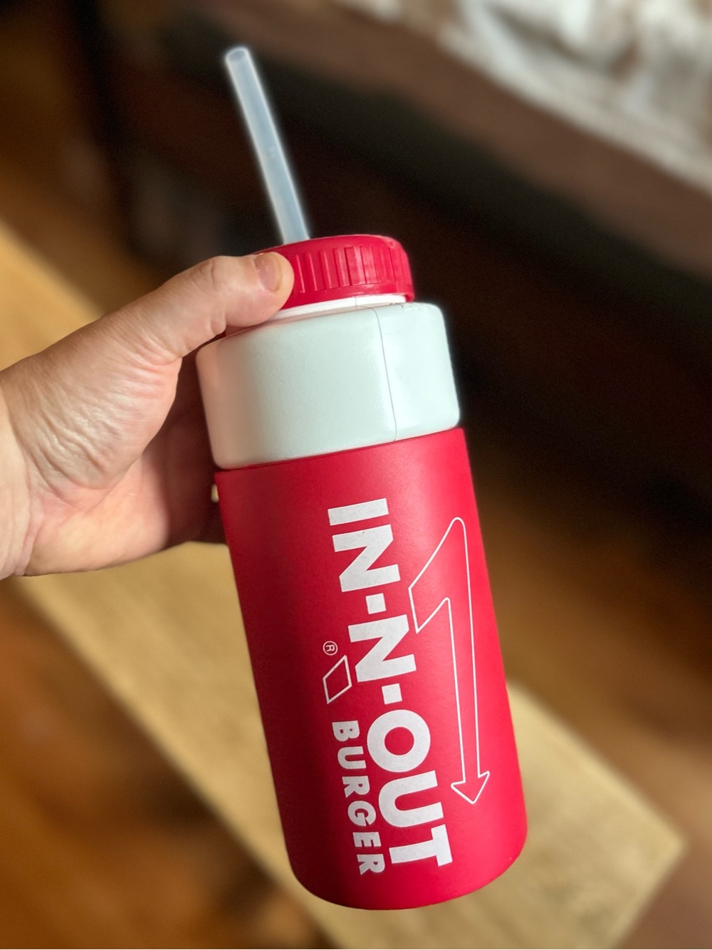 Vintage IN-N-OUT Red Insulated Koozie Drink Bottle with Straw